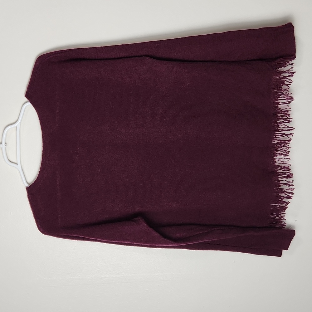 Griffen 100% Cashmere Crewneck Sweater Fringe Hem Burgundy Maroon Lightweight - Picture 6 of 13